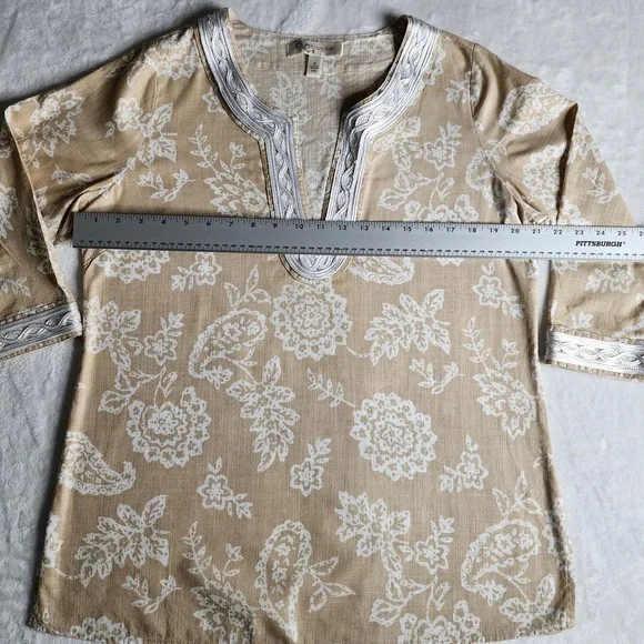 Womens Krazy Kat Lace V Neck Boho Floral Tunic Tan M White Cotton - Picture 9 of 16